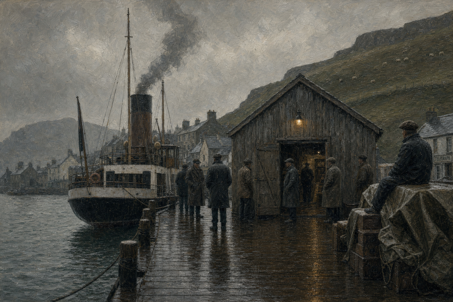 A rain-darkened nineteenth-century jetty, expedition vessel and waiting company