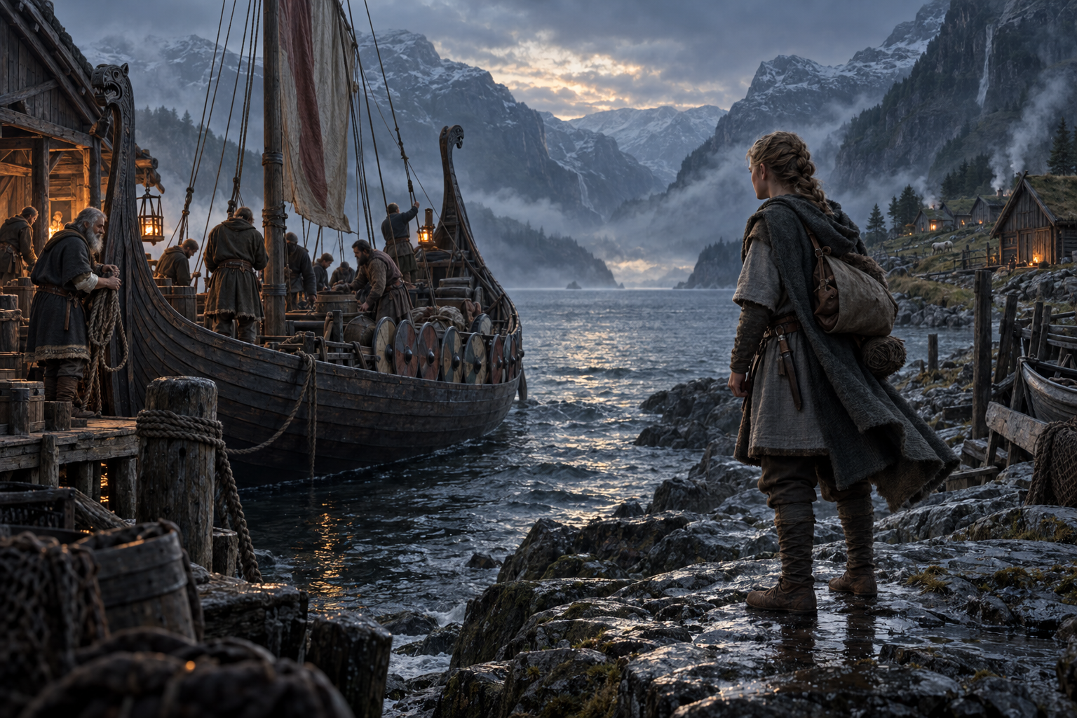A young Norse voyager watching a longship being prepared in a cold western Norwegian fjord